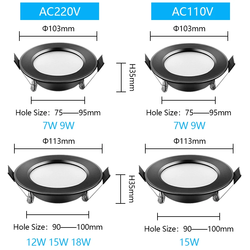 Downlight LED Lampa sufitowa Czarne Lampy Wodoodporne 5W 9W 12W 15W 18W AC 220V 230V 110V Spot Ip65 Led Down Light Lamp