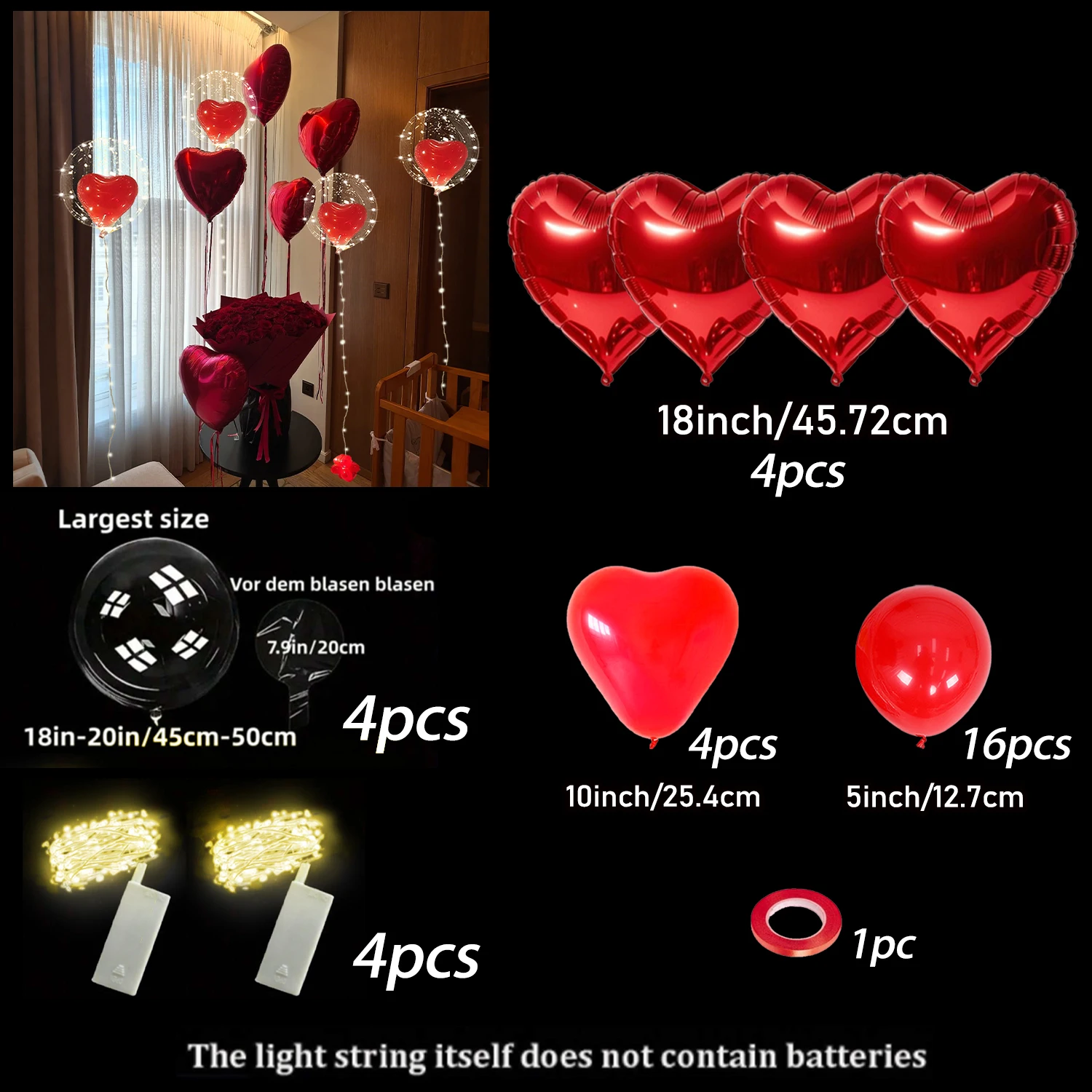 Liebesballon-Set, LED-Lichterkette, Bobo-Ballon (ohne interne Leistung), Jubiläum, Hochzeit, Vorschlag, Dekoration, Ballon – Detail 5