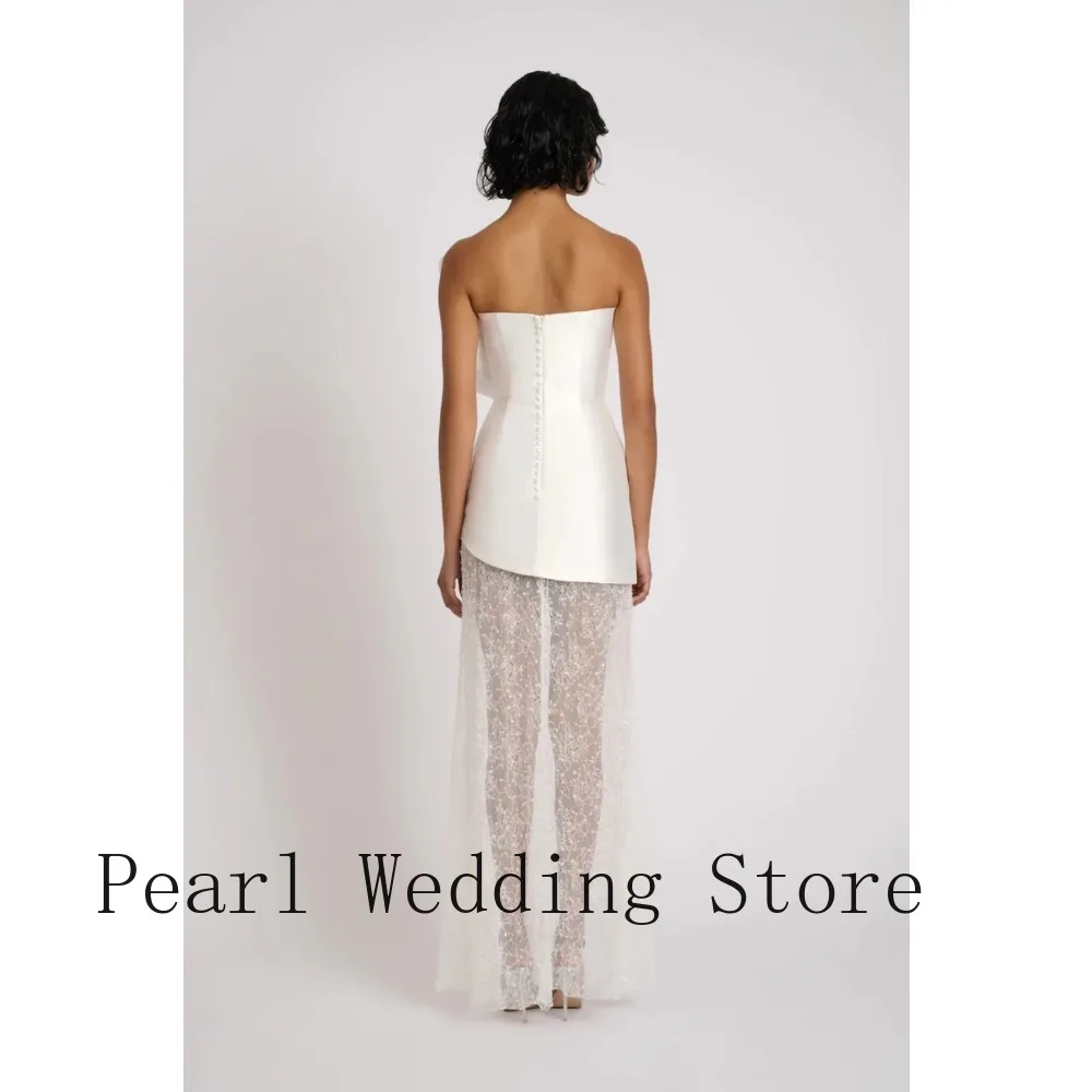 Luxury White Strapless Gown Draped Satin Bodice Sheer Sequin Tulle Skirt Formal Evening Prom Wedding Guest Bridesmaid Dress