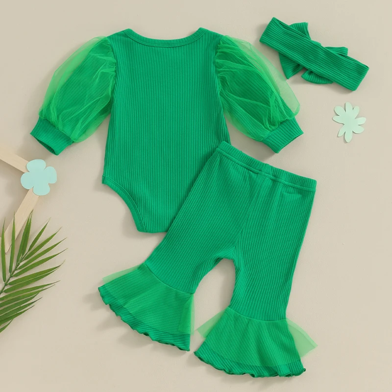 Toddler Girl St Patrick s Day 3 Piece Set Long Sleeve Clover Print Romper Flare Pants Headband Outfit for Baby