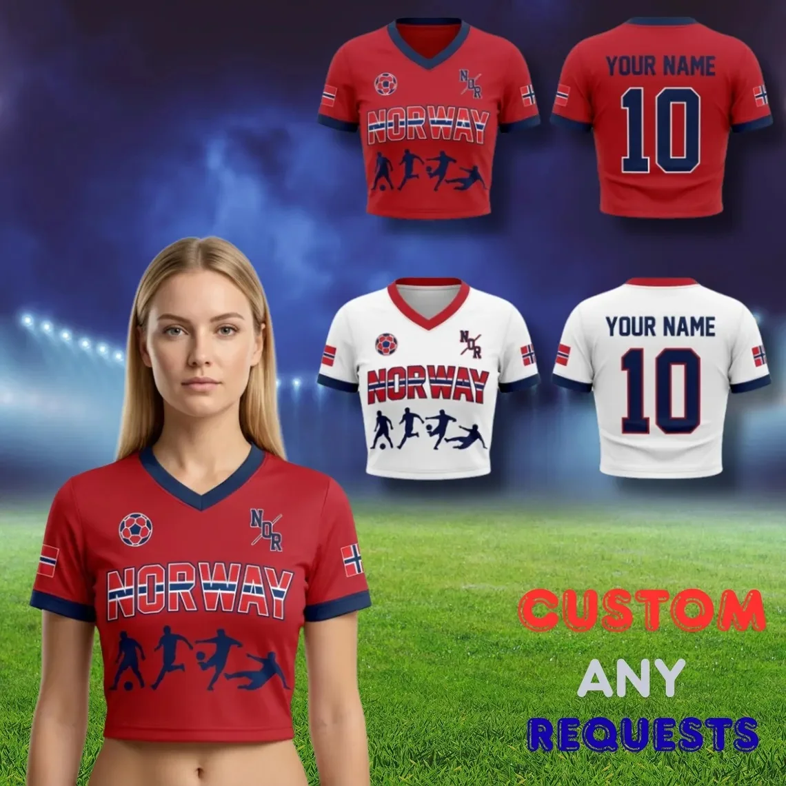 Norway Soccer Crop Top Custom Name Number Jersey, Women's Football Shirt Fan Shirt, Women's Sports T-Shirts