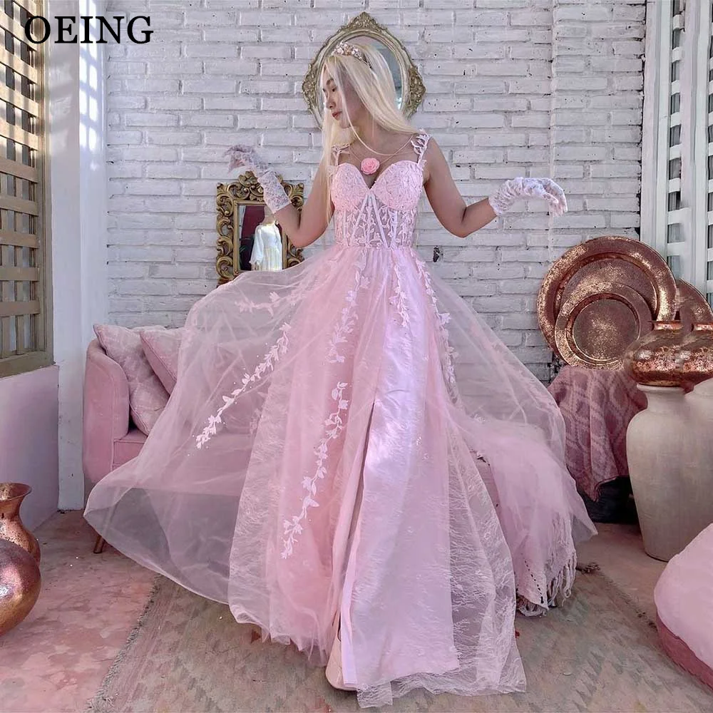 

OEING Pink Princess Prom Dresses Fairy Sweetheart Spaghetti Strap Appliques Party Dress Glitter Formal Evening Gowns Summer