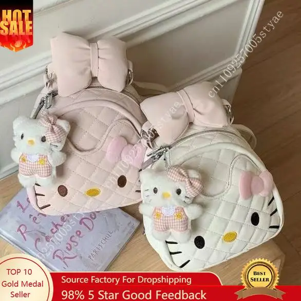 

Рюкзак Sanrio Hello Kitty с мультяшным принтом для женщин, милый дизайн, ромбовидный узор, рюкзак с бантом, аксессуары для косплея