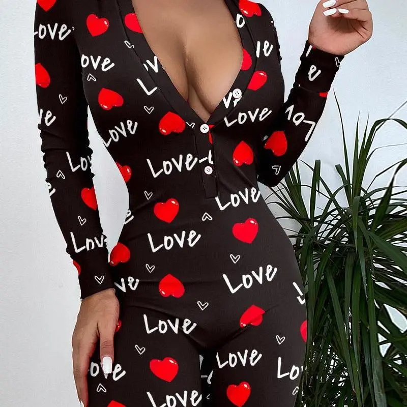 Home Jumpsuit Women 2024 Heart Letter Print Functional Buttoned Flap Sleep Onesie High Waist Slim Fit Long Conjoined Body Pants