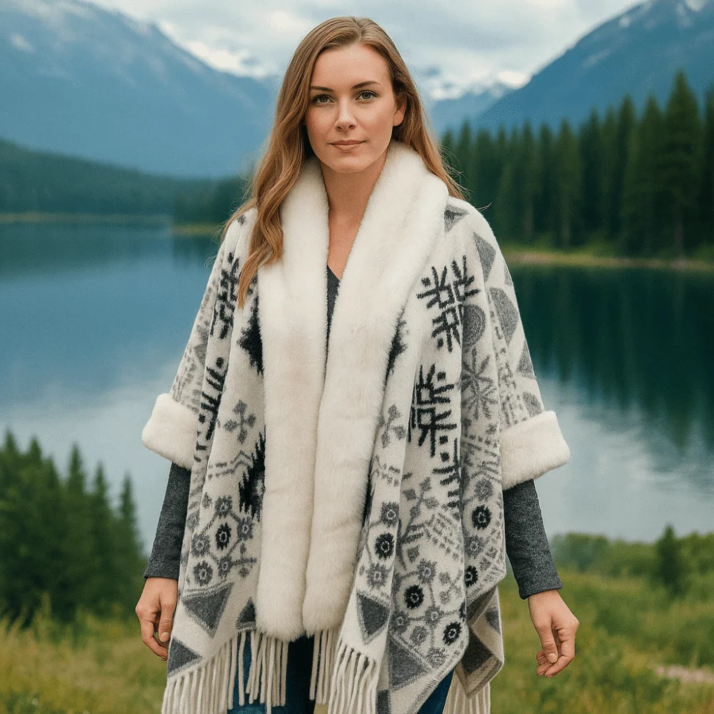 

Ethnic Style Plush Wrap Shawl Winter Warm Retro Cardigan Cape Imitation Cashmere Thicken Fluffy Poncho Cloak Outer Women Fashion