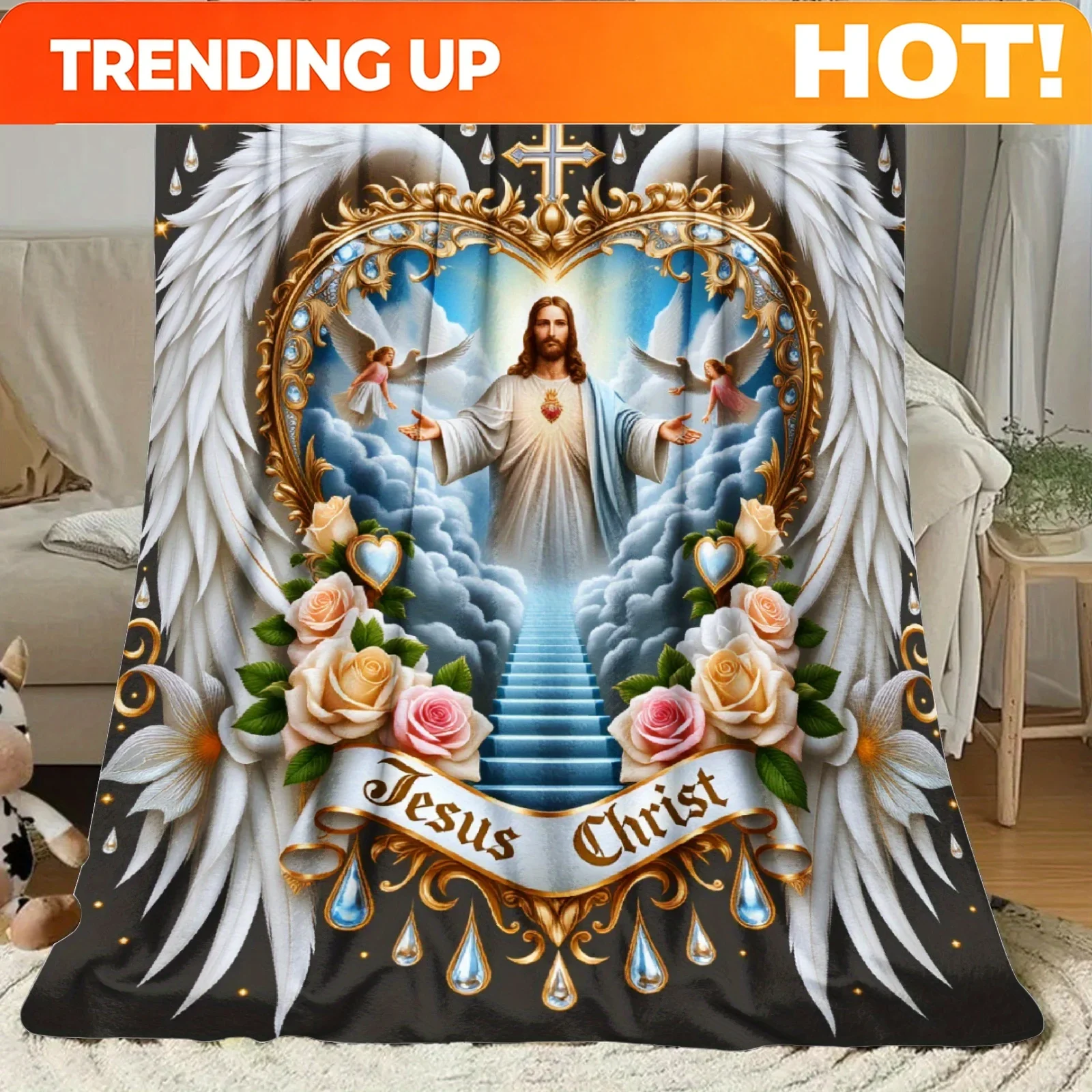Customization Luxury Jesus-Themed Spiritual Flannel Throw Blanket With Religious Artwork, Golden Frames & Biblical Scenes - Soft