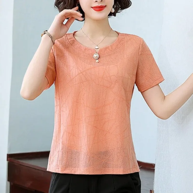 Women\'s Clothing Solid Color Summer Short Sleeve Pullover Pearl Round Neck Chiffon Casual T-shirt Office Lady Comfortable Tops