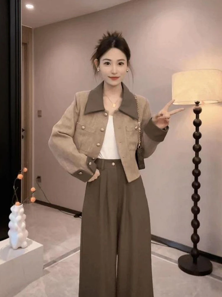 Fashionable Western Style Set Women's Autumn Small Fragrant Style Jacket High Waist Straight Leg Wide Leg Pants Two-piece Set