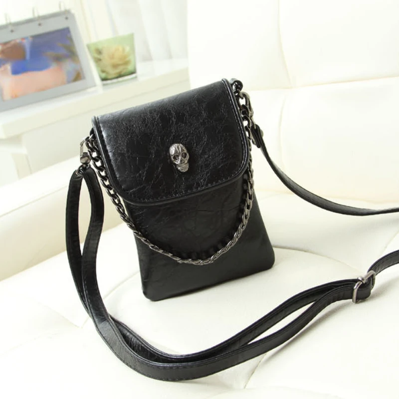 Mini Cell Phone Bags Women Korean Vintage All Match Chain Shoulder Square Bag Punk Skull Y2k Aesthetic Black Handbags Crossbody