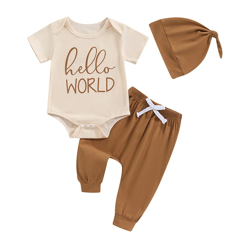 

3-Piece Baby Set Letter Print Short Sleeve Romper Solid Color Long Trousers Headpiece Outfits