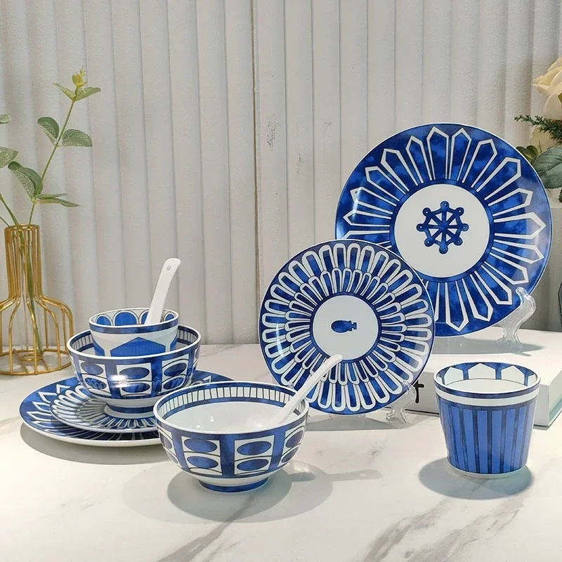 Classic Blue Imprinted Ceramic Tableware Ten-Piece Set Rice Bowl Western Dinner Plate Household Combination Housewarming Gift