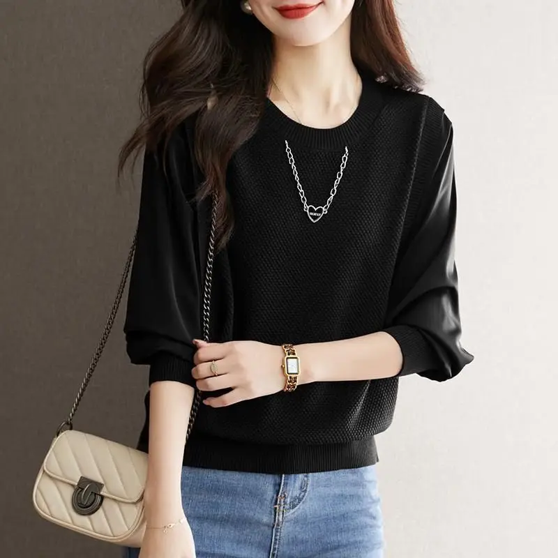 Women's Clothing Fake Two Pieces Blouse Spring Autumn New Screw Thread Casual Loose Stylish Chain O-Neck Patchwork Knitted Shirt