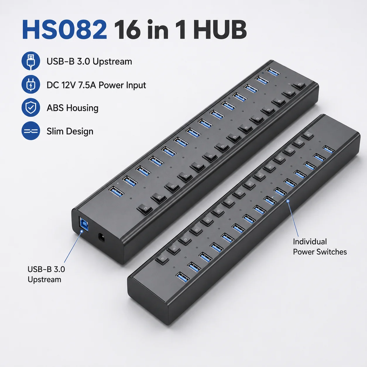16-Port Powered USB 3.0 Hub, 5Gbps, 16x USB-A, Individual Switches, ABS Multiport Hub for Data & Charging