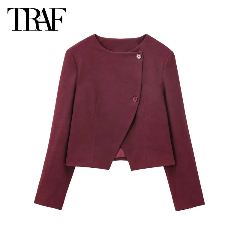 TRAF Winered Cropped Jackets 2024 Women's Autumn Elegant Asymmetrical Short Coats Fashion Office Long Sleeve Black Outerwears