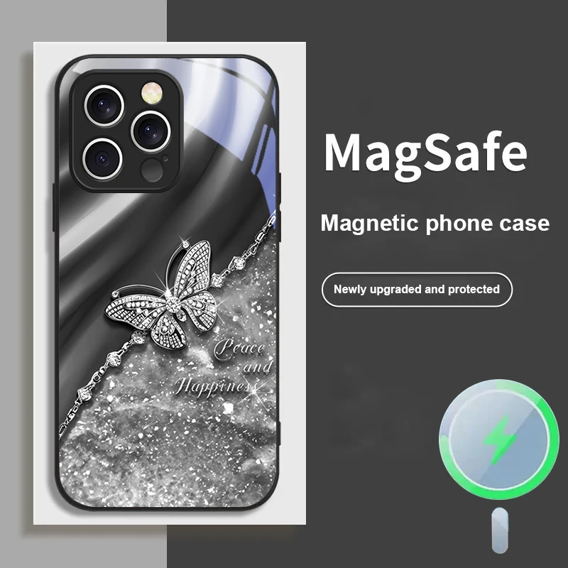 

Elegant Blue Butterfly For iPhone 16E 15 Pro 14 13 Plus 12 mini 11 15Pro 14Max XR Xs X 7 8 16Plus 16 Magsafe Glass Phone Case