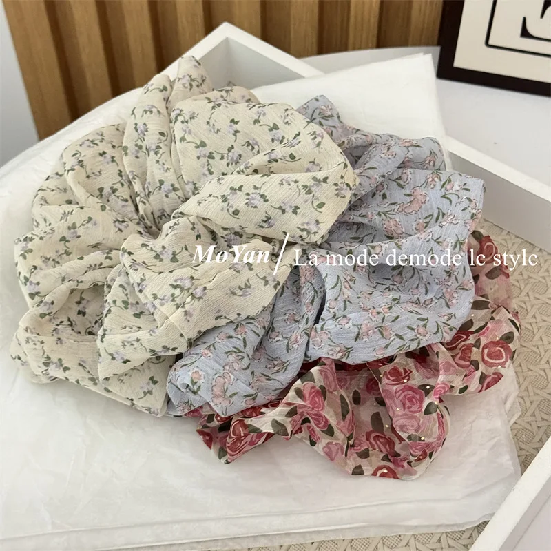 لطيف الأزهار الشيفون النسيج الأمعاء الغليظة الشعر حلقة ذيل حصان حامل الشعر حبل الراقية عقال موضة إكسسوارات الشعر #4