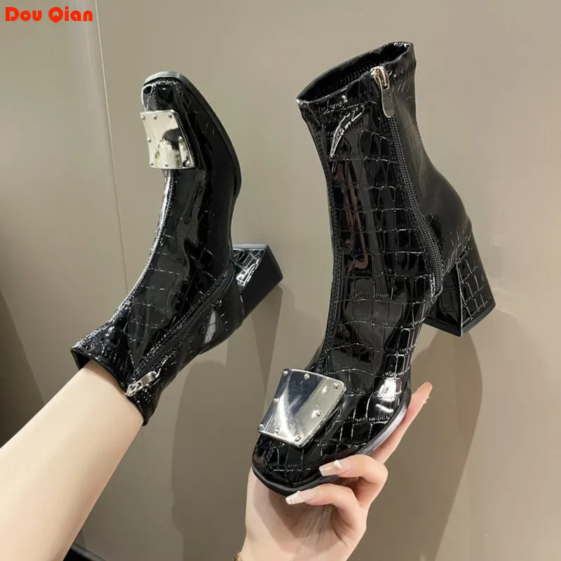 

New Autumn Winter Martin Women Snow Boots Metallic Square Patent Leather Thick Heel Women's Side Zipper High Heel Fashion Ankle