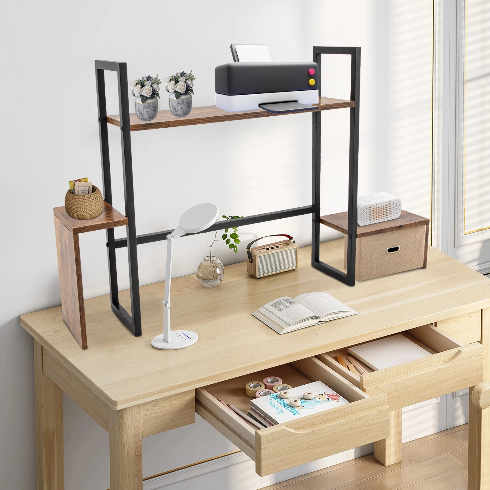 Computer Desktop Bookshelf, Countertop Display Shelf, Desk Storage Organizer, Black Brown MDF Board, Carbon Steel, Classic Rectangular, Multifunctional Shelf for Study Room, Bedroom, Living Room, Office, Holds Books, Printers, Plants, Easy Assembly, 75kg