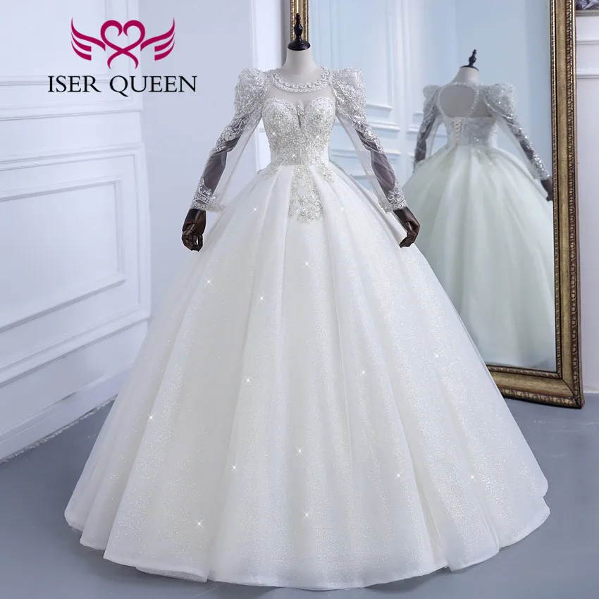 カスタマイズされたパフスリーブ夜会服のウェディングドレスアイボリーシャンパンカラーヘビービーズギルターチュールウェディングドレス結婚WX0306