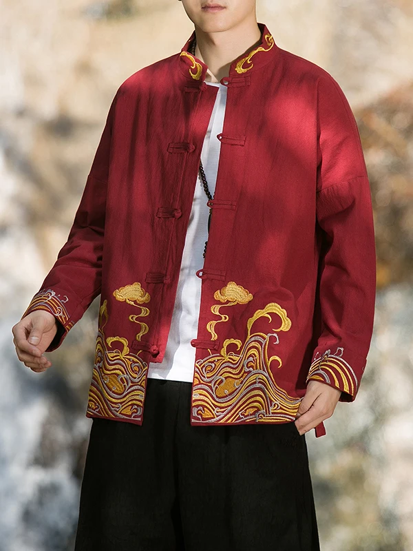 

Red Embroidered Retro Men's irt Coat Buttoned Cuff Youth Faion Cotton Long Sve Stand Collar Outerwear for New Year Par