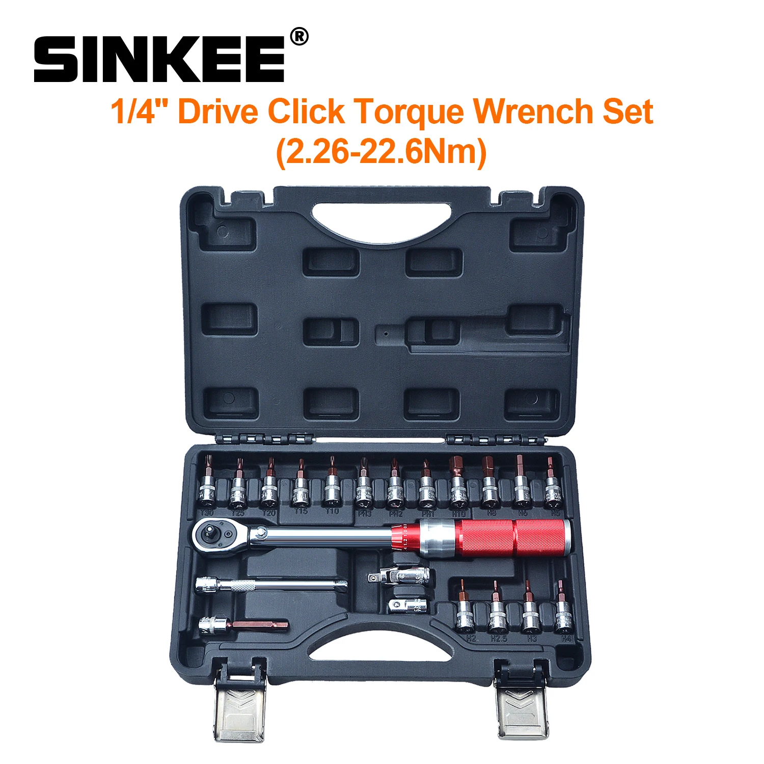 

1/4'' Drive Click Torque Wrench Set Dual-Direction Adjustable 90-tooth Ratchet Repair Tool with Buckle (20-200in.lb/2.26-22.6Nm)