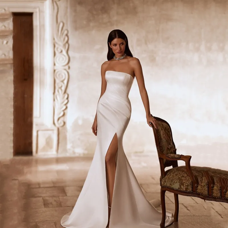 

Love Satin Mermaid Ivory Wedding Dresses For Women Simple Strapless Sexy Slit Backless Zipper Sleeveless Wedding Gown Customized