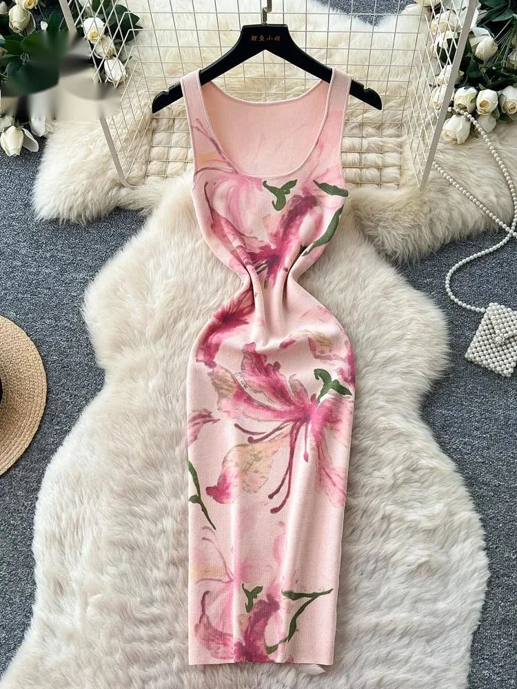 

Floral Hotsweet Casual Dress Ladies Backless Square Collar Bodycon Stretchy Summer French OL Knitting Straight Dresses