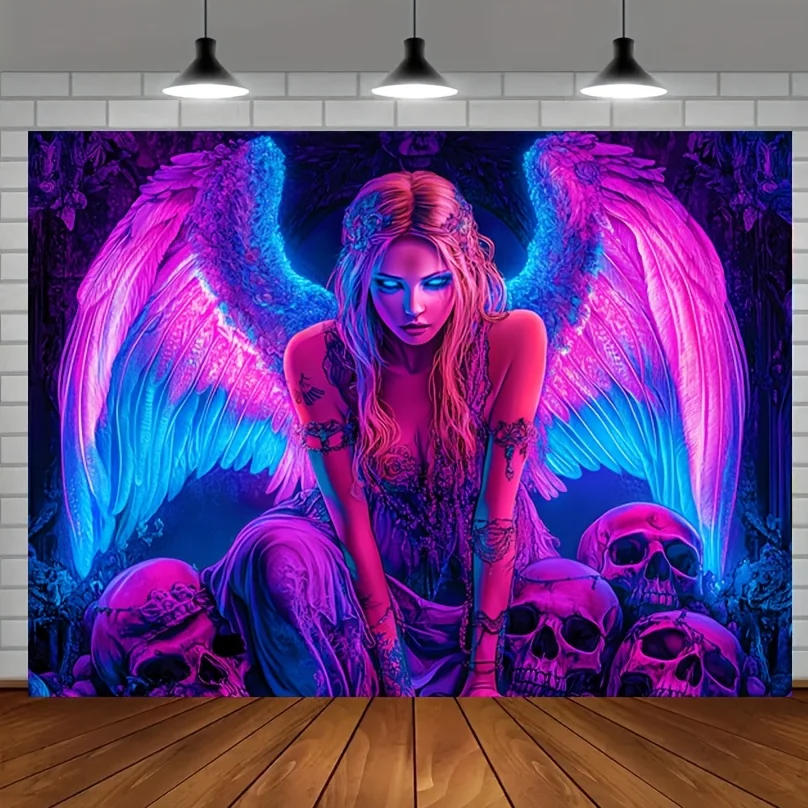 VIKAMA Dark Fallen Angel Skull UV Tapestry Black Light Lamp Pink Purple Neon Printing Hanging Cloth Room Decoration