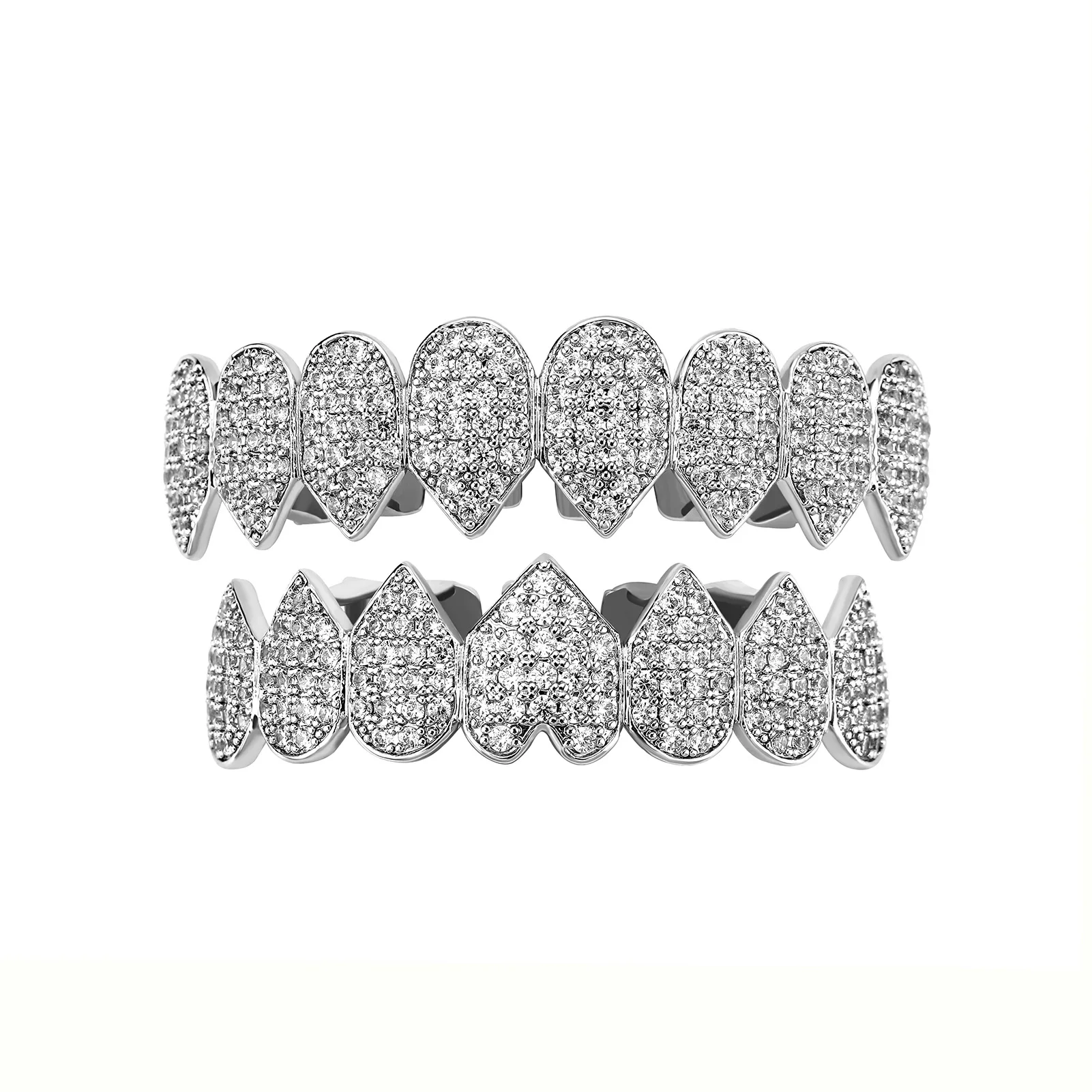 Trendy Personality Heart 8 Tooth Grillz Full Pave Zircon Gold Silver Plated Hip Hop Rapper Streetwear Mouth Jewelry Wholesale