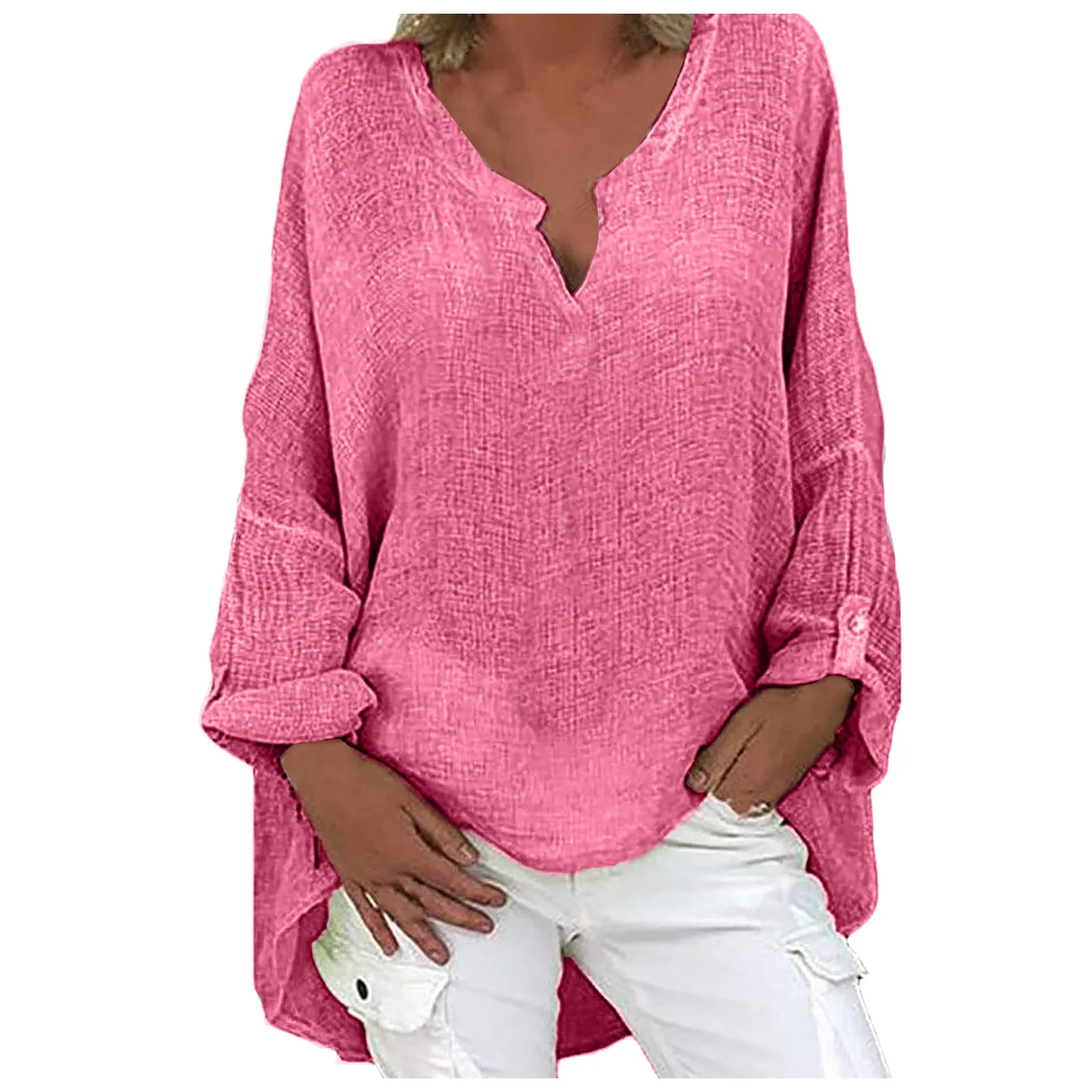 Spring Women Loose Linen Top Blouse Plus Size Bohemian Plus Size Pink Navy Long Sleeve Shirt Female Tops Clothes