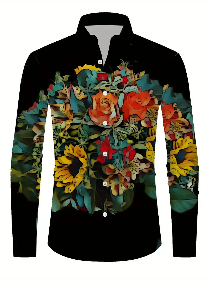 Brand New Men's Fashion Long Sleeve Shirt Striped Flowers Casual Men's Four Seasons Business Shirt