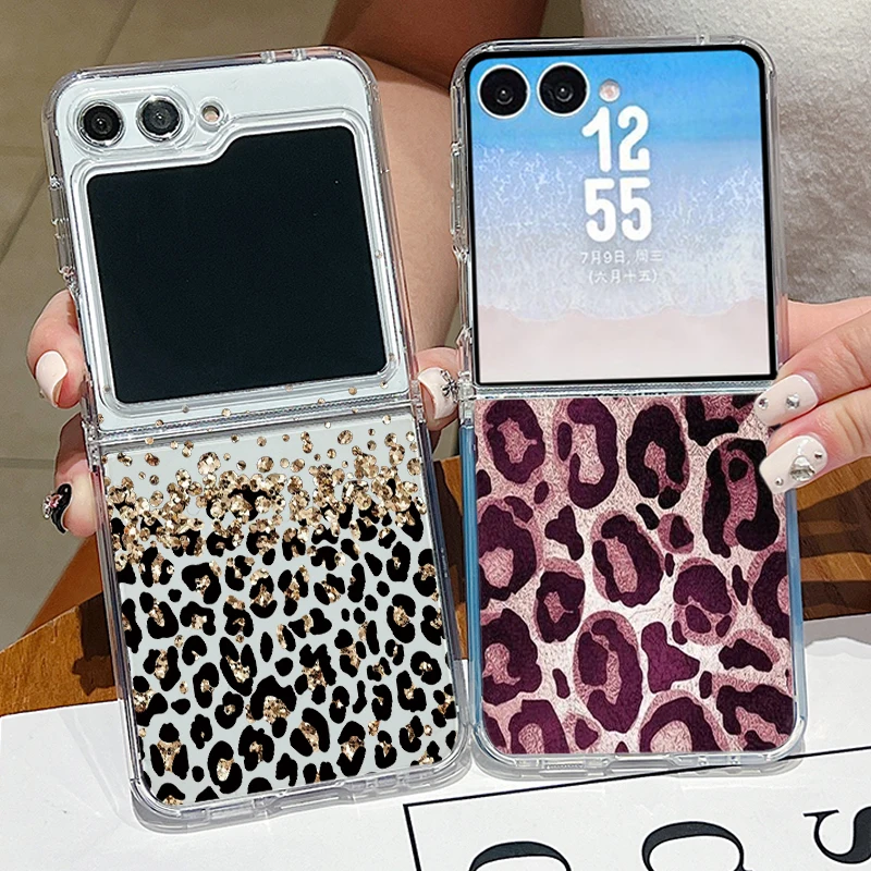 Leopard Print Pattern Phone Case For Samsung Galaxy Z Flip 7 FE 6 5 4 3 Flip7 Flip6 Flip5 Metal Buckle Clear Folding Soft Cover