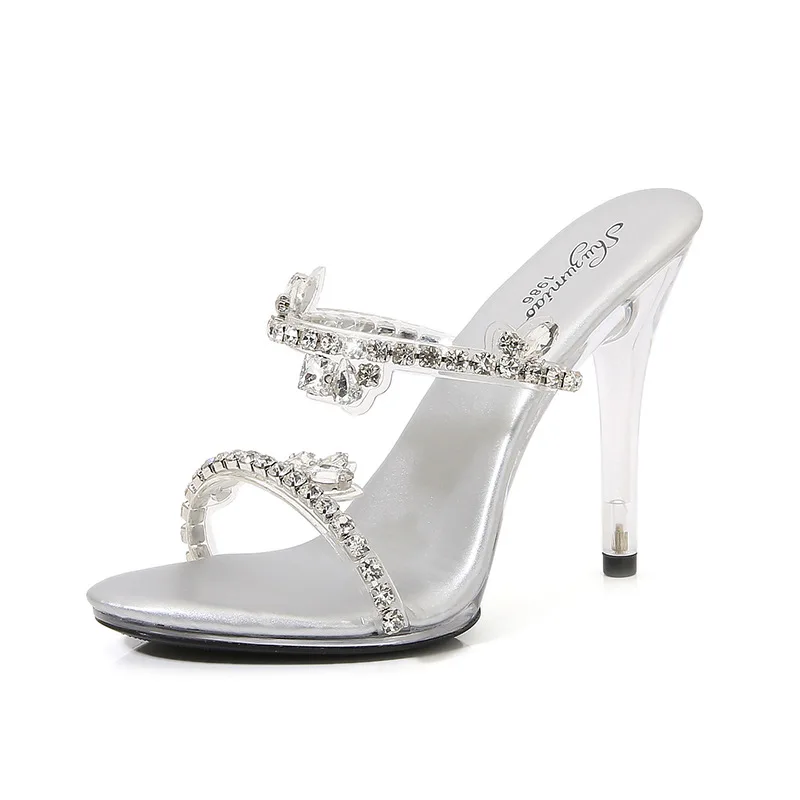 Women Slippers Summer Fashion PVC Transparent Crystal Rhinestone Slides Female Clear High Heels Sandals Ladies Open Toe Shoes