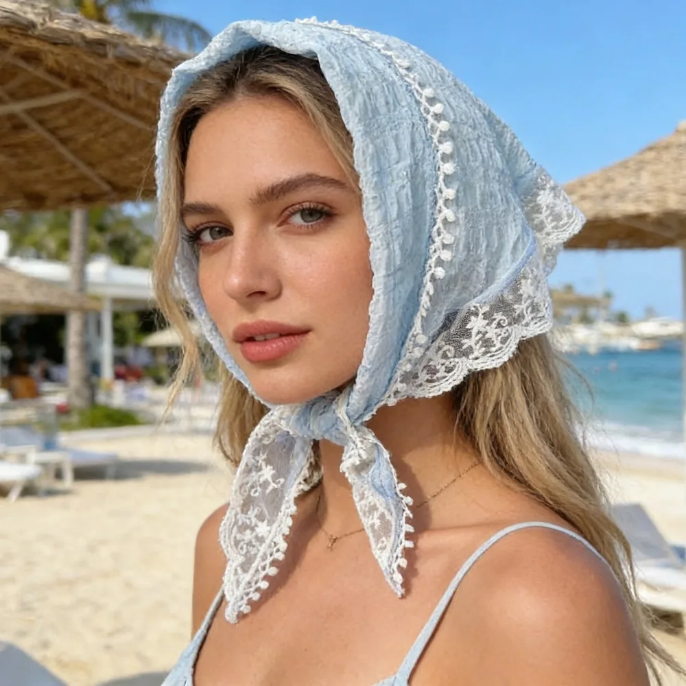 

Sweet White Lace Triangle Headscarf, Fashion Turban Headband for Ladies Girls