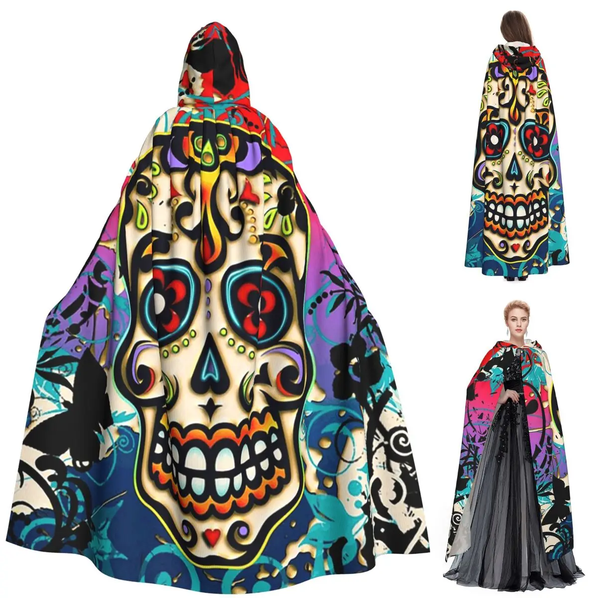

Mexican Sugar Skeleton Skull Day Of The Dead Dias De Los Muertos Long Hooded Witch Medieval Costume Cosplay Cape HalloweenParty