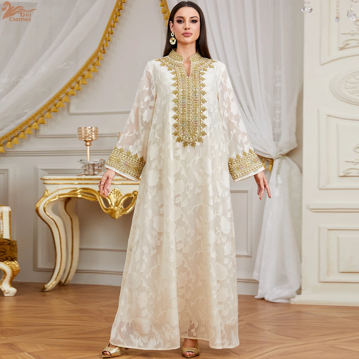 

Zahraa Ramadan Long Sleeve Embroidery Muslim Abaya Dress Dubai Moroccan Elegant Loose Maxi Dress for Women Gala Party