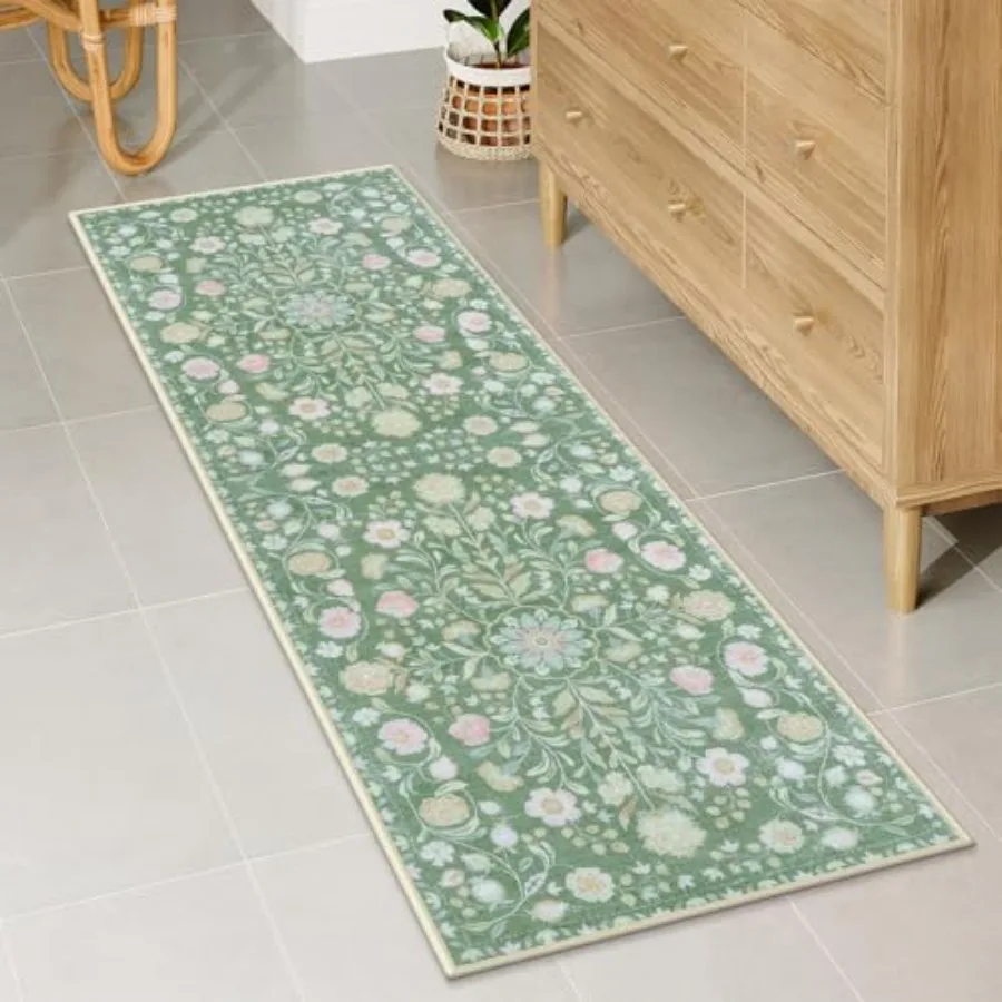 Bathroom Runner Floral Long Bath Mat Ultra Soft Machine Washable Large Bathroom Rugs Non-Slip Boho Vintage Floral Bath Rugs for