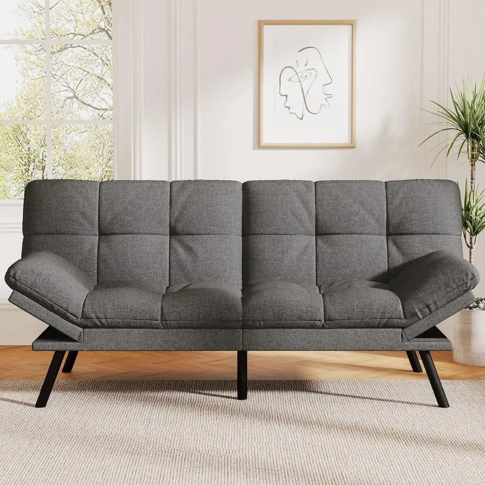 

Convertible Sofa Bed with Grey Linen Upholstery, Detachable Cushion, Adjustable Backrest and Armrest, Ideal for Small Spaces