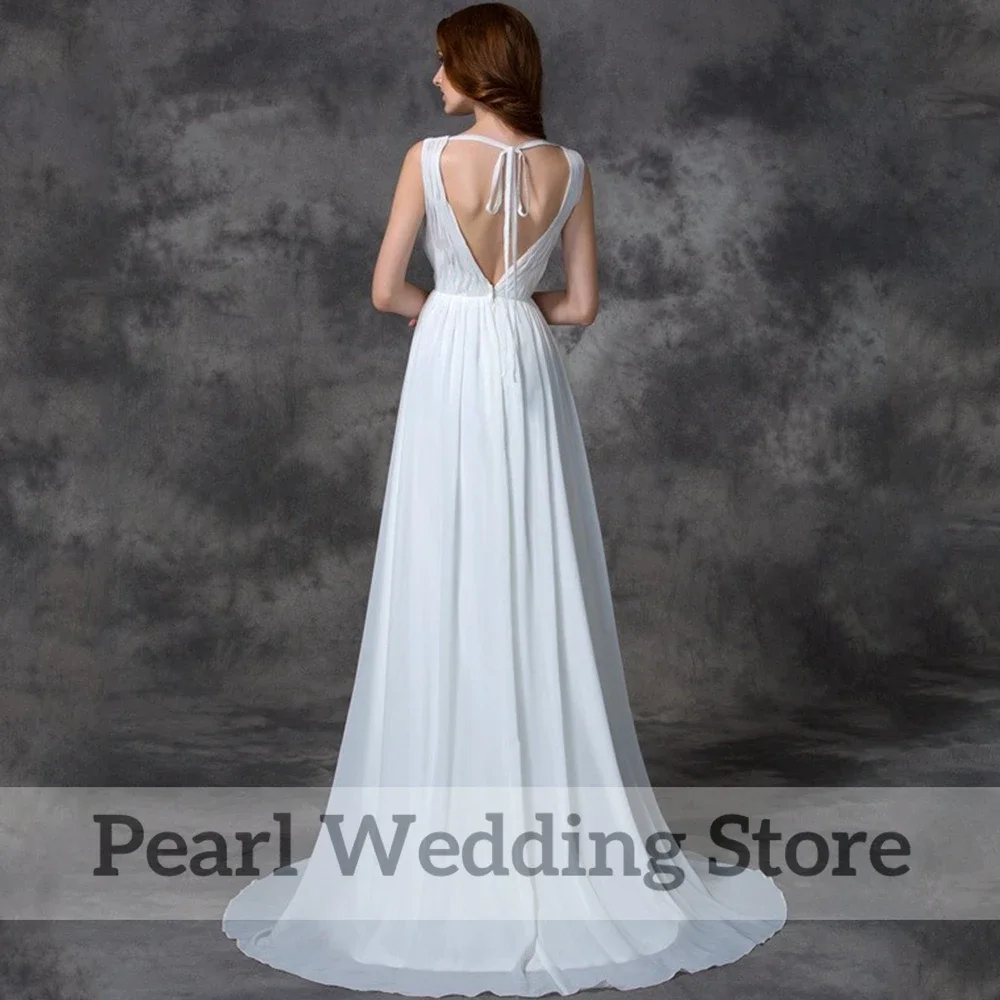 Classic V-Neck Chiffon Wedding Dress Sleeveless Pleat A-Line Floor Length Boho Bridal Backless Zipper Sweep Train Beach Gowns