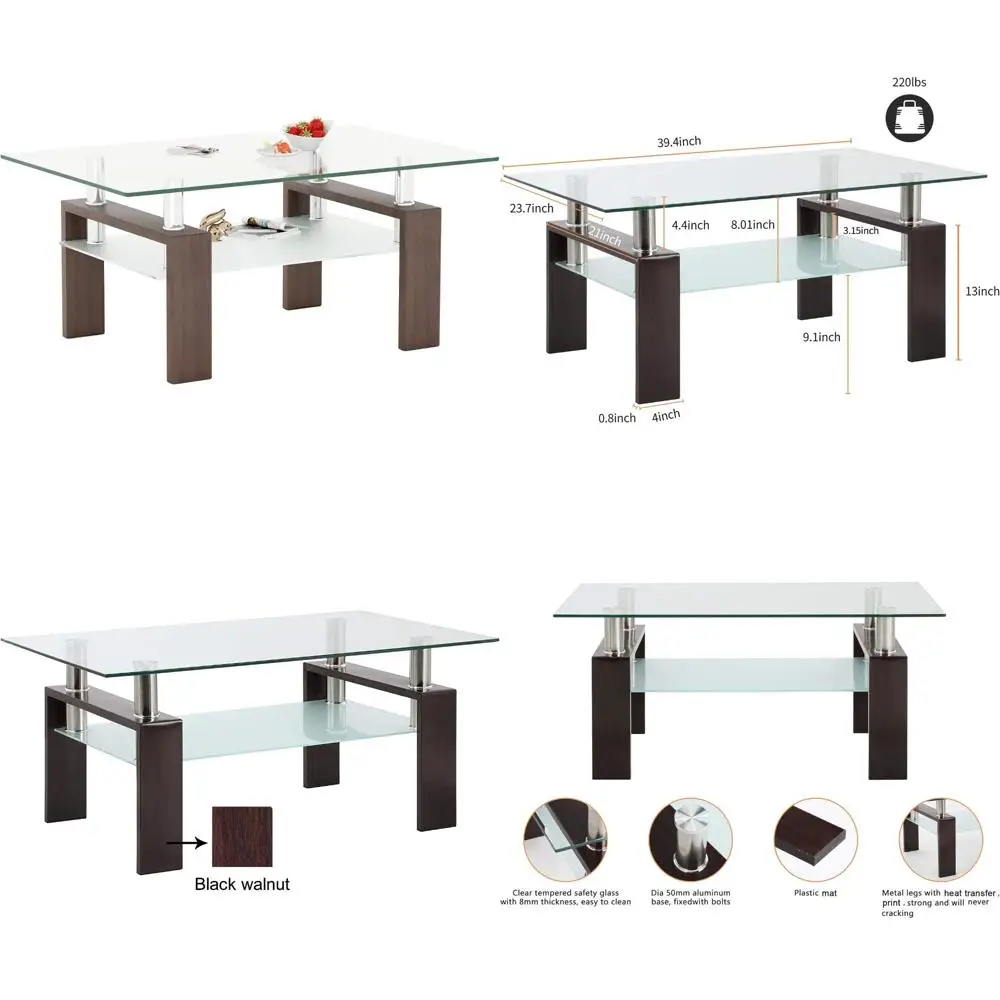 

Rectangle Tempered Glass Coffee Table with Metal Legs for Living Room, Modern Walnut Finish Accent Table