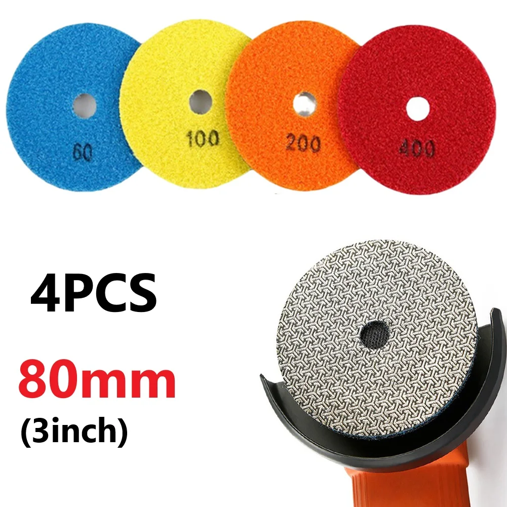 4pcs/set 80mm Emery Electroplated Polishing Pad 60/100/200/400 Grit For Granite Marble Sanding Disc Power Tool Accessories