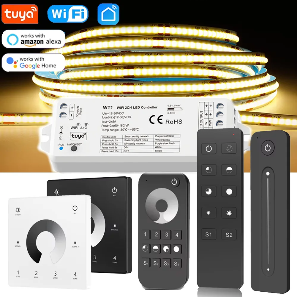 DC24V 10M Tuya Wifi COB LED Strip Light Dimmable Single Color RA90 LED Bar Tape for Yandex Alice Alexa APP RF Remote Control