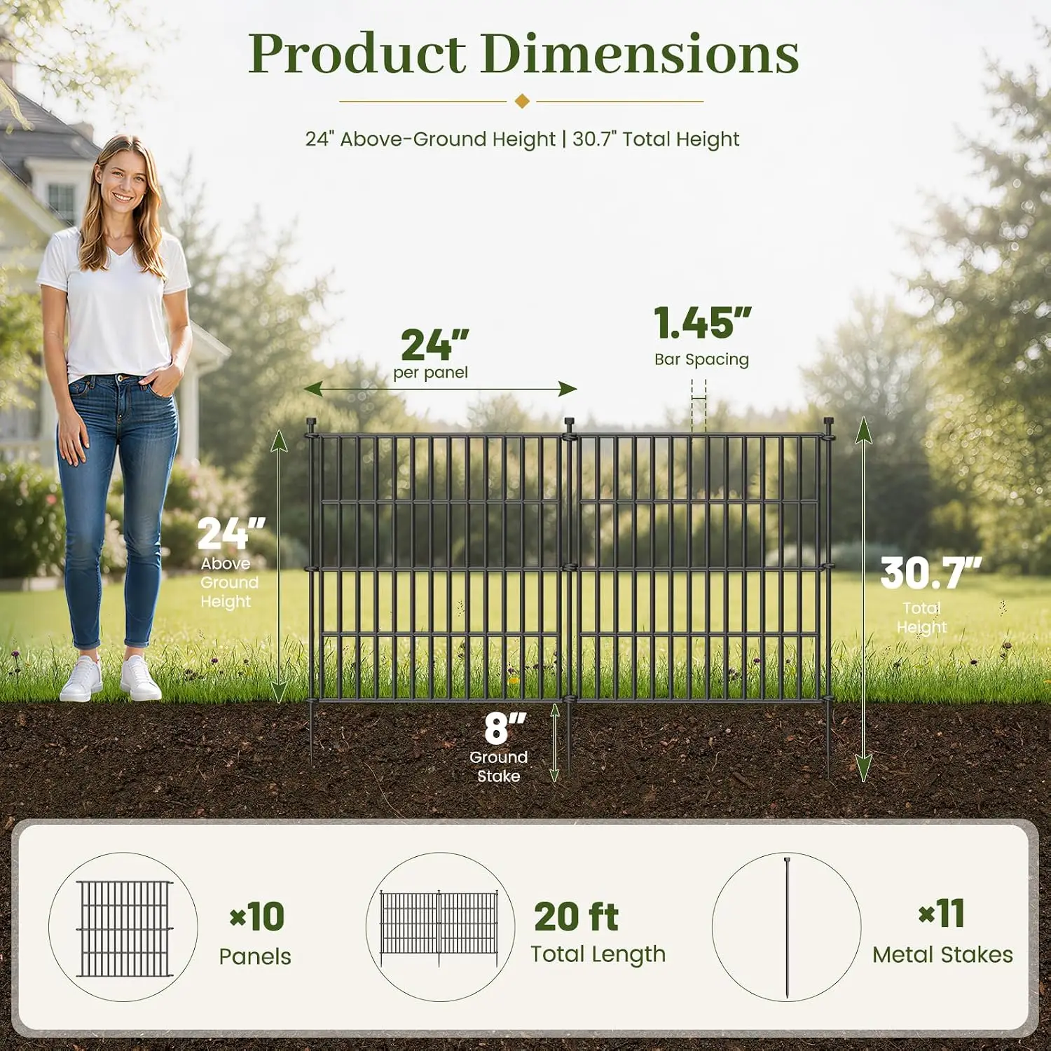 24in H 20ft L 10 Panels Animal Barrier Fence Rustproof Metal Temporary Dog Fence No Dig Garden Fence Outdoor Yard Patio Flower B