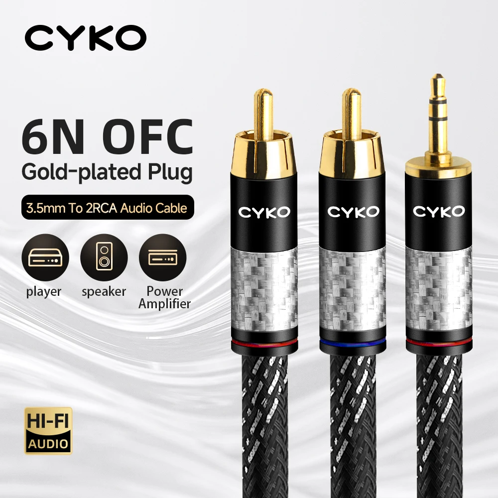 CYKO Audio Cable Hifi 6N OFC 3.5mm To 2RCA Cables Aux Gold-plated Plug Male To Male for Computer Speaker Mobile Phone