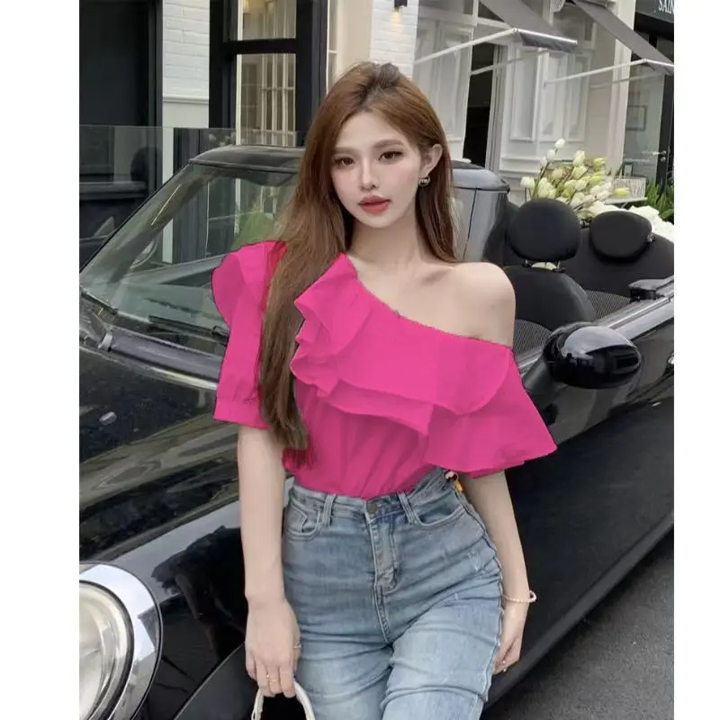 New Black Ruffles Patchwork Short Sleeve Blouse Summer New Solid Off Shoulder Y2K Shirt Tops Sexy Fashion Trend Women Clothing