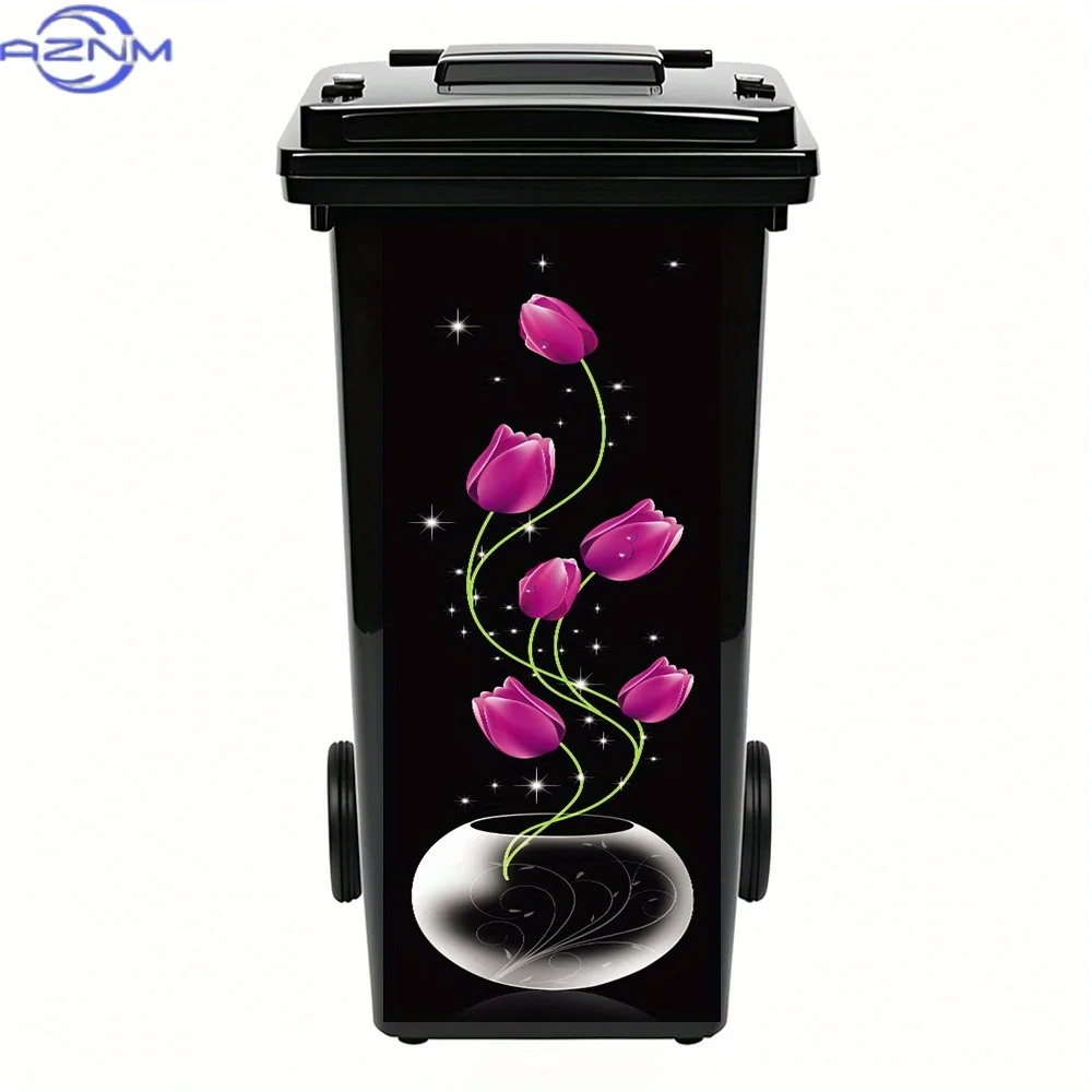 1pc Tulip Art Flower Theme Trash Can Stickers, Decoration Wallpaper Self-adhesive PVC Plants Decal Rubbish Bin Sticker