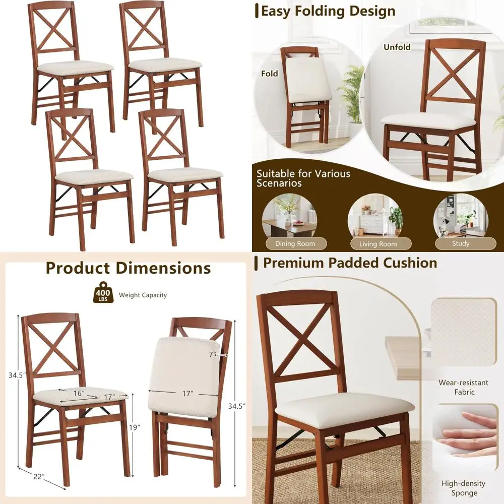 مجموعة من 4 كراسي لتناول الطعام قابلة للطي مع مقاعد مبطنة وظهر مرتفع، وكراسي مطبخ خشبية لتناول الطعام المريح #1