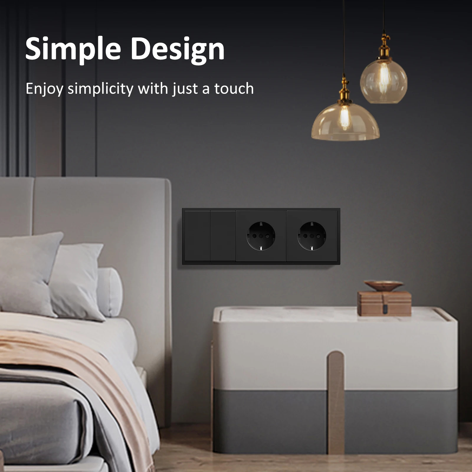 BSEED Large Button Switches EU Standard Wall LED Light Switch USB Phone Charge Port 5V Wall Power Socket Gray E-Series Plastic