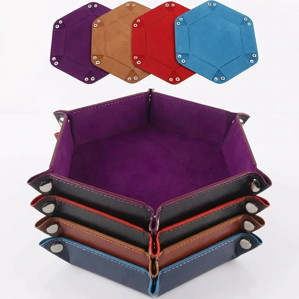 Hexagonal Dice Valet Tray — Foldable PU Leather Dice Tower, DND/RPG Games,Keys,Coins,Jewelry | Tabletop Game Accessory Organizer