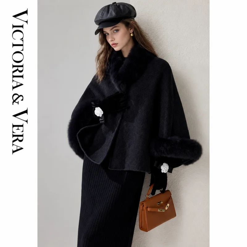 Women's Fur Trim Cape Coat, Elegant Cloak Style Loose Fit Fall Winter Dressy Outerwear